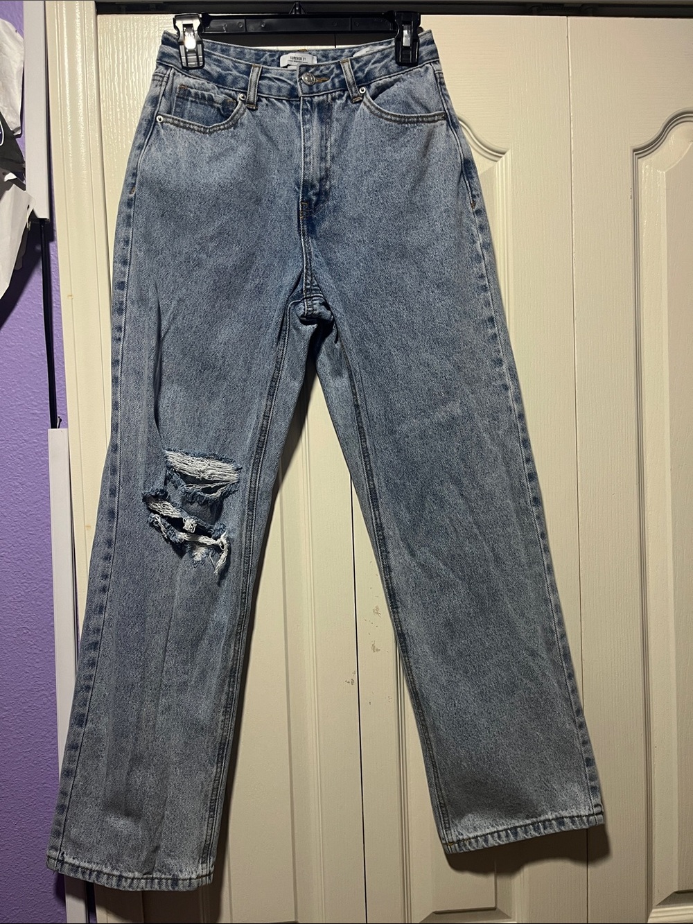 Forever 21 Light Wash Ripped Straight Leg Jeans